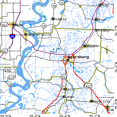 Dyer County close-up map