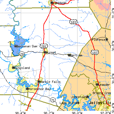 Burnet County close-up map