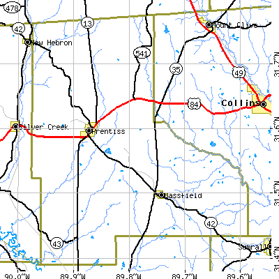 Jefferson Davis County close-up map