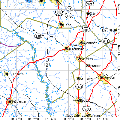 Allendale County close-up map