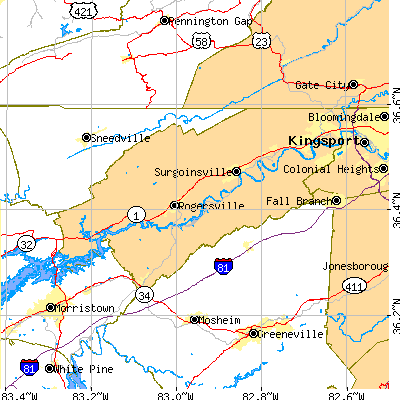 Hawkins County close-up map