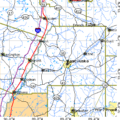 Attala County close-up map
