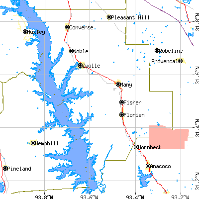 Sabine Parish close-up map