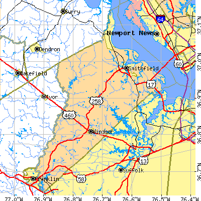 Isle of Wight County close-up map