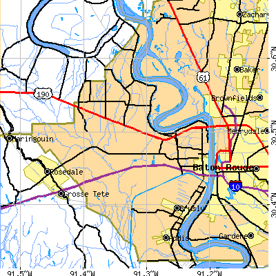West Baton Rouge Parish close-up map