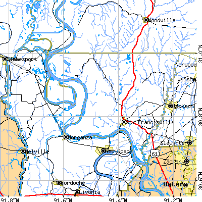 West Feliciana Parish close-up map