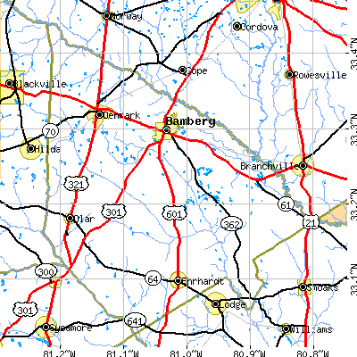 Bamberg County close-up map