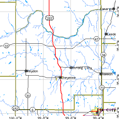 Roger Mills County close-up map