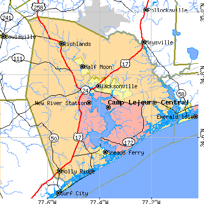Onslow County close-up map