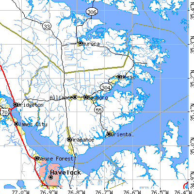 Pamlico County close-up map