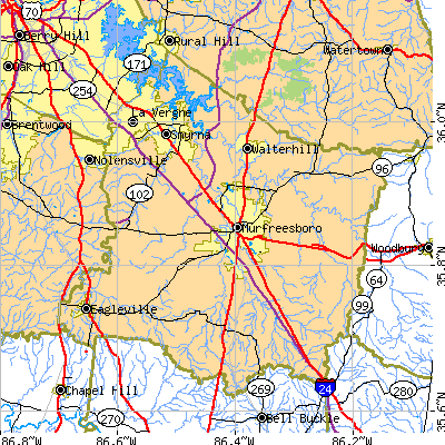 Rutherford County close-up map