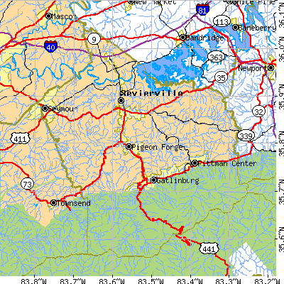 Sevier County close-up map