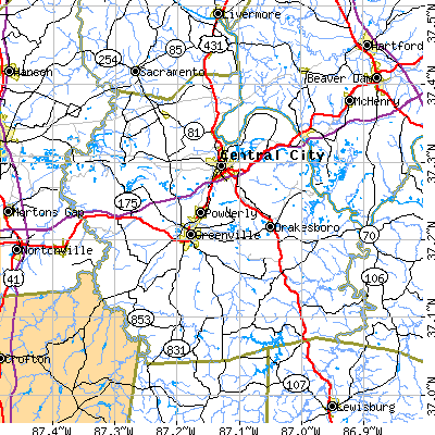 Muhlenberg County close-up map