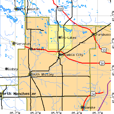 Whitley County close-up map
