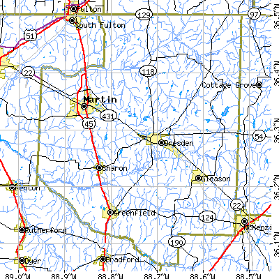 Weakley County close-up map