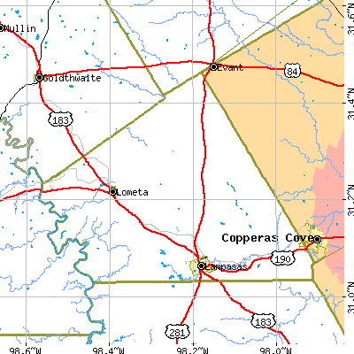 Lampasas County close-up map