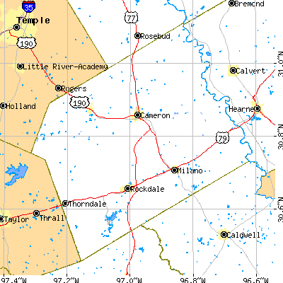 Milam County close-up map