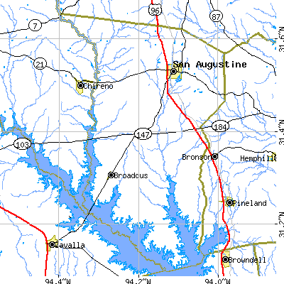 San Augustine County close-up map
