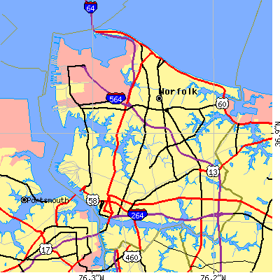 Norfolk city close-up map