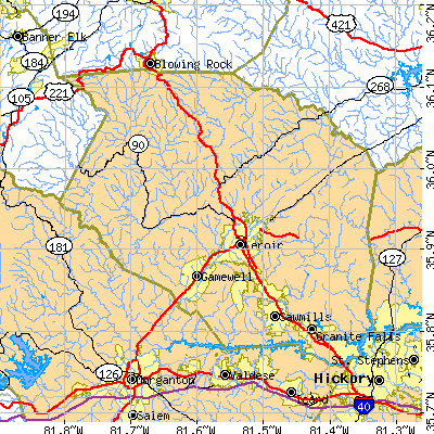 Caldwell County close-up map