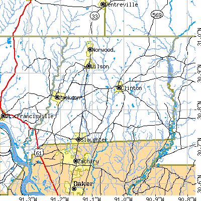East Feliciana Parish close-up map