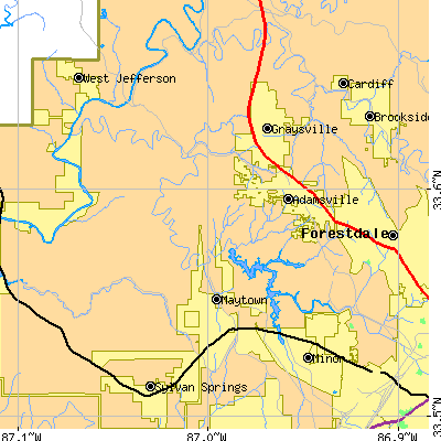 Zip code 35005 close-up map