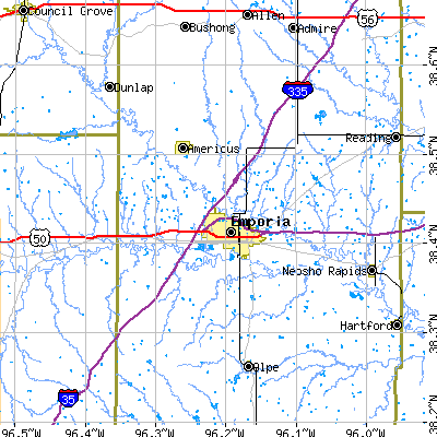 Zip code 66801 close-up map