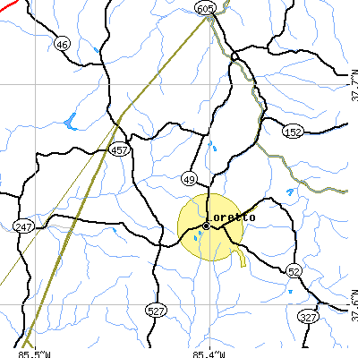 Zip code 40037 close-up map