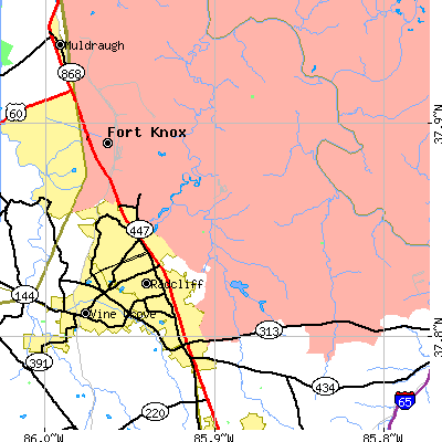 Zip code 40160 close-up map