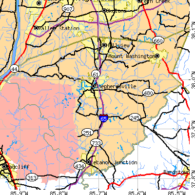 Zip code 40165 close-up map