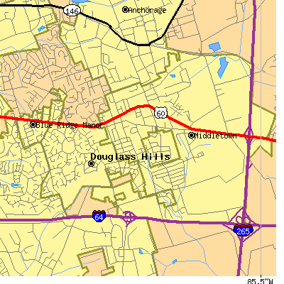 Zip code 40243 close-up map