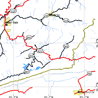 Zip code 40815 close-up map