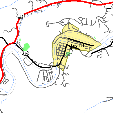 Zip code 40854 close-up map