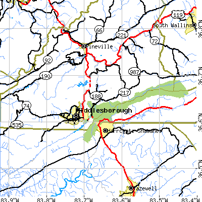 Zip code 40965 close-up map