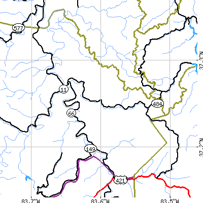 Zip code 40972 close-up map