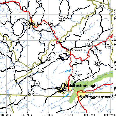 Zip code 40977 close-up map