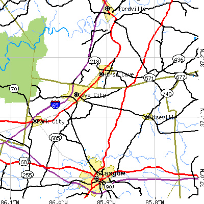 Zip code 42127 close-up map