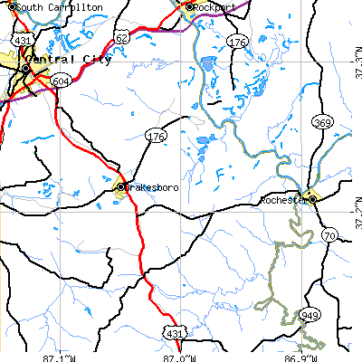 Zip code 42337 close-up map