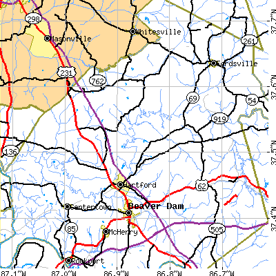 Zip code 42347 close-up map
