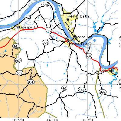Zip code 42348 close-up map
