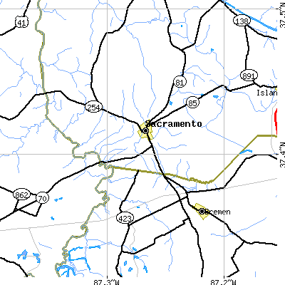 Zip code 42372 close-up map