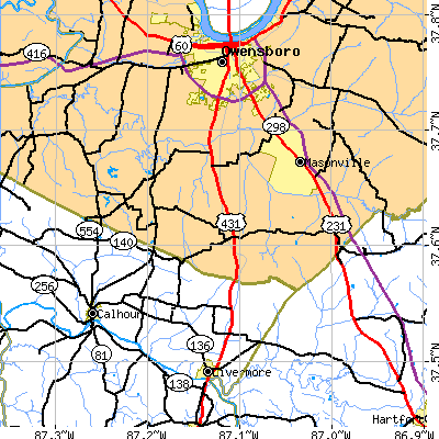 Zip code 42376 close-up map
