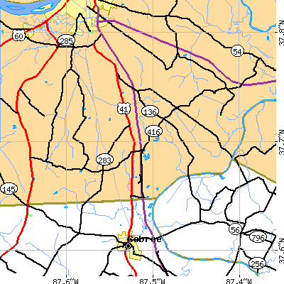 Zip code 42452 close-up map