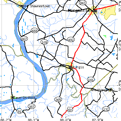 Zip code 42459 close-up map