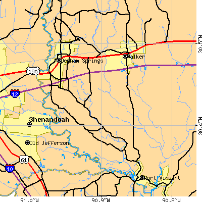 Zip code 70726 close-up map