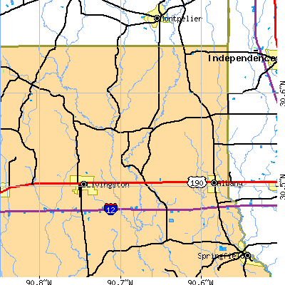 Zip code 70744 close-up map