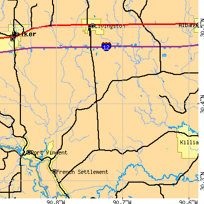 Zip code 70754 close-up map
