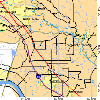 Zip code 70769 close-up map