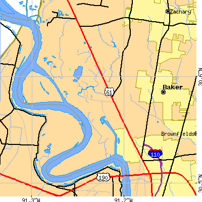 Zip code 70807 close-up map