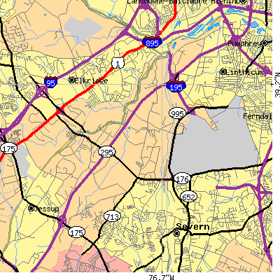 Zip code 21076 close-up map